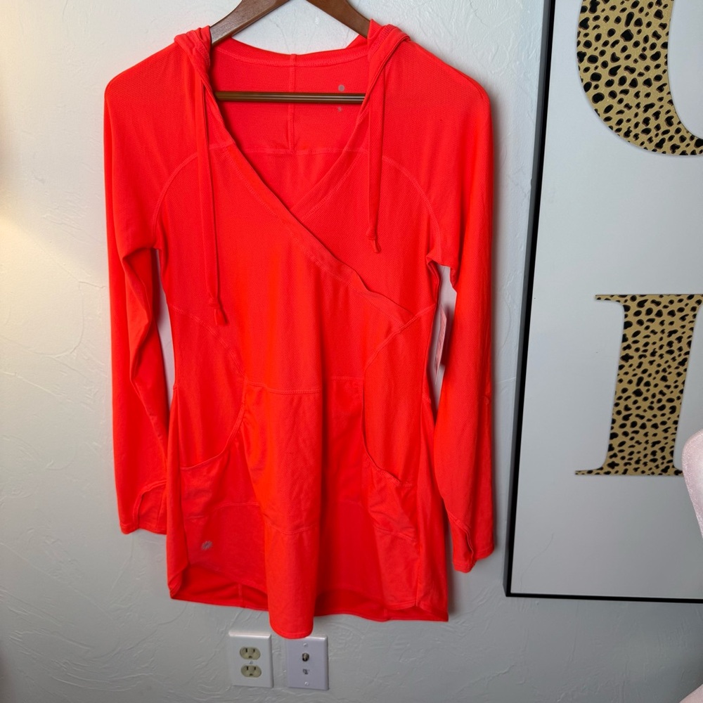 Athleta Neon Coral Long Sleeve Hooded Wrap Tunic Dress